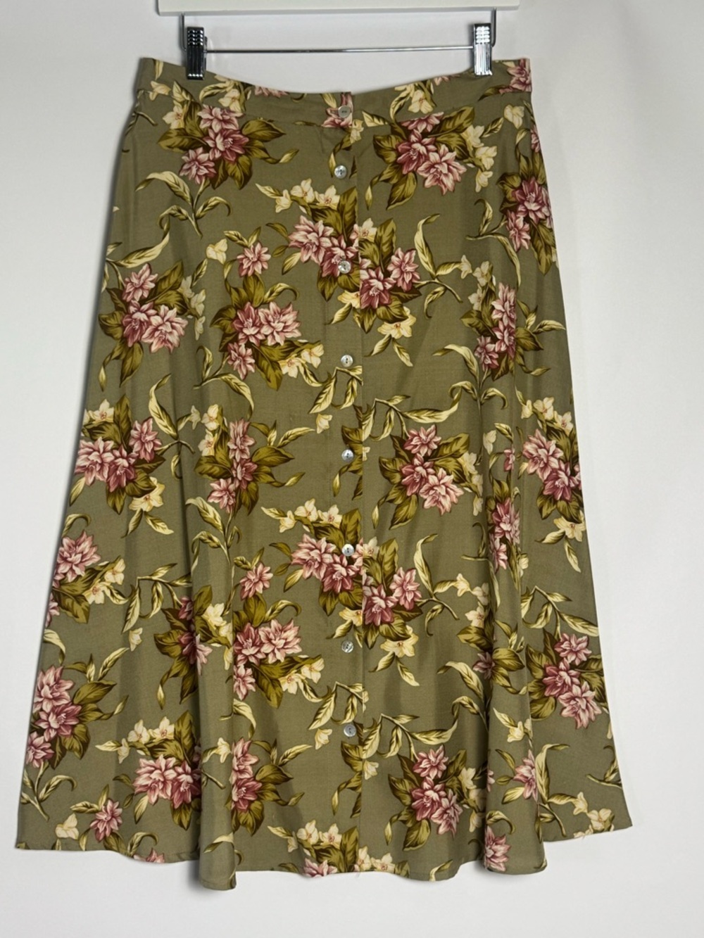 Talbots Olive Green Floral A-Line Skirt with Pink Flowers